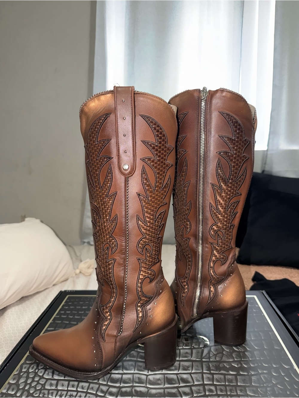 Brown Embossed Leather Western Boots